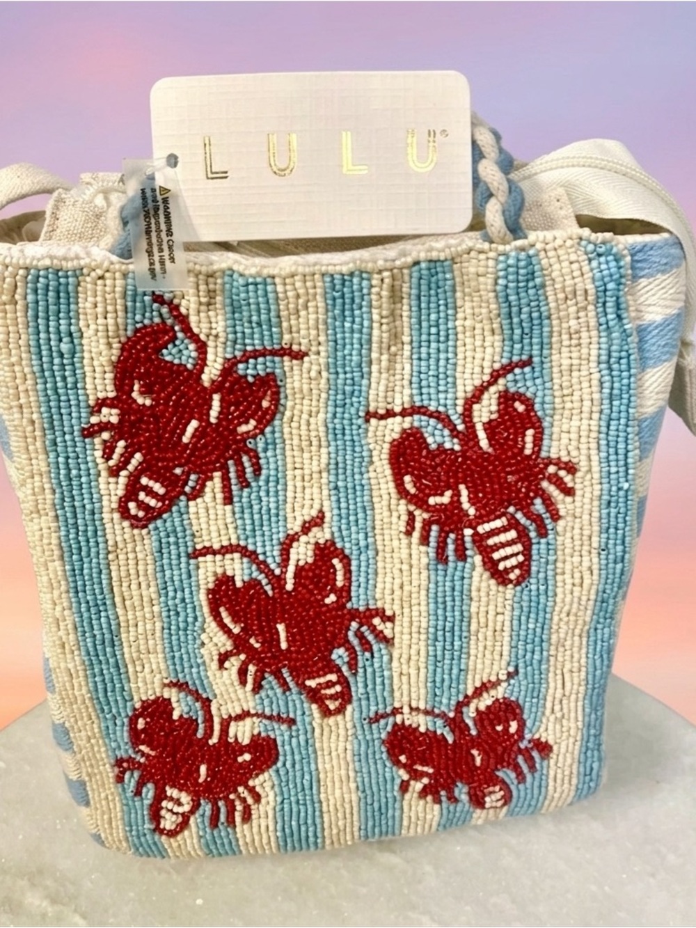 LULU Blue & White Beaded Crossbody Bag w/ Red Lobster. Beach, Nautical, Ocean - Picture 3 of 7